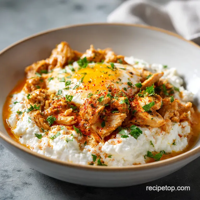 A perfectly plated portion with juicy chicken, melted cheese pull, rich tomato sauce glistening, and dollops of creamy cot...