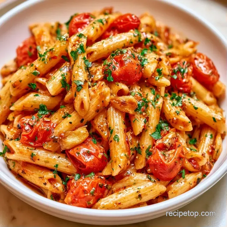 Twirled noodles in a white ceramic bowl topped with juicy burst tomatoes and a dusting of grated white cheese.