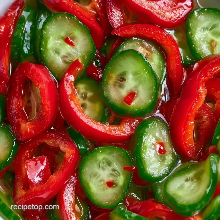 Bright red pepper strips and translucent cucumber rounds arranged neatly in a chilled glass bowl with brine.