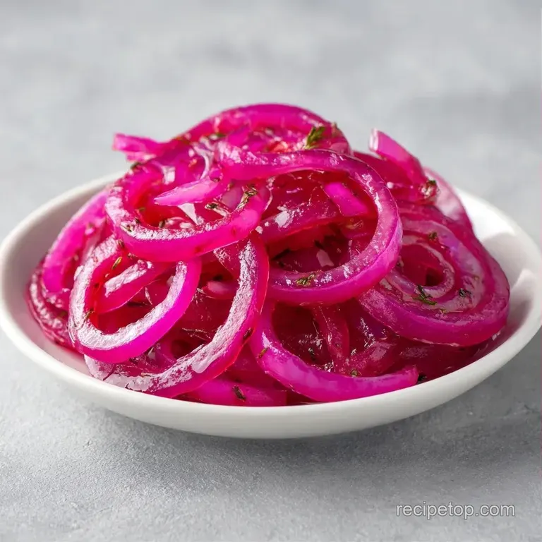 Bright pink translucent onion curls piled neatly atop a toasted avocado slice with black sesame seeds.