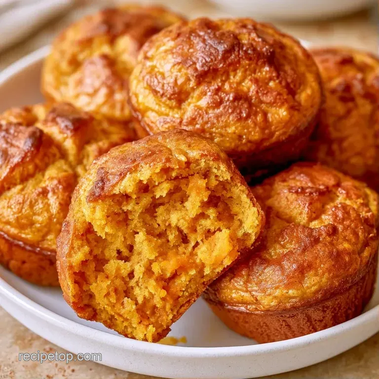 Warm, orange-hued muffins arranged on a white porcelain platter paired with a linen cloth and steaming coffee.
