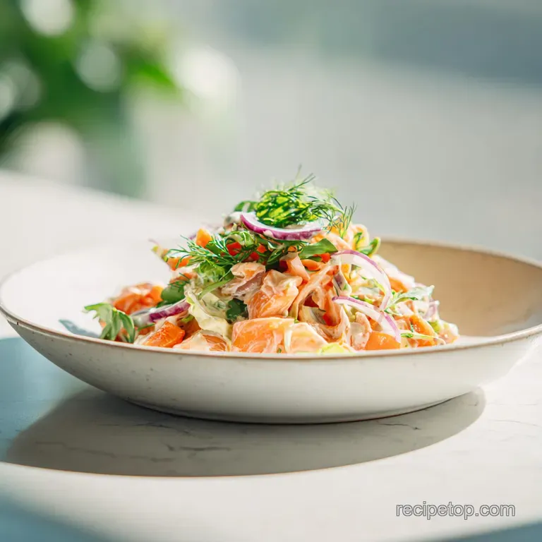 Salmon salad piled high on crisp lettuce, garnished with lemon wedges and fresh herbs. A light, refreshing, and healthy meal.