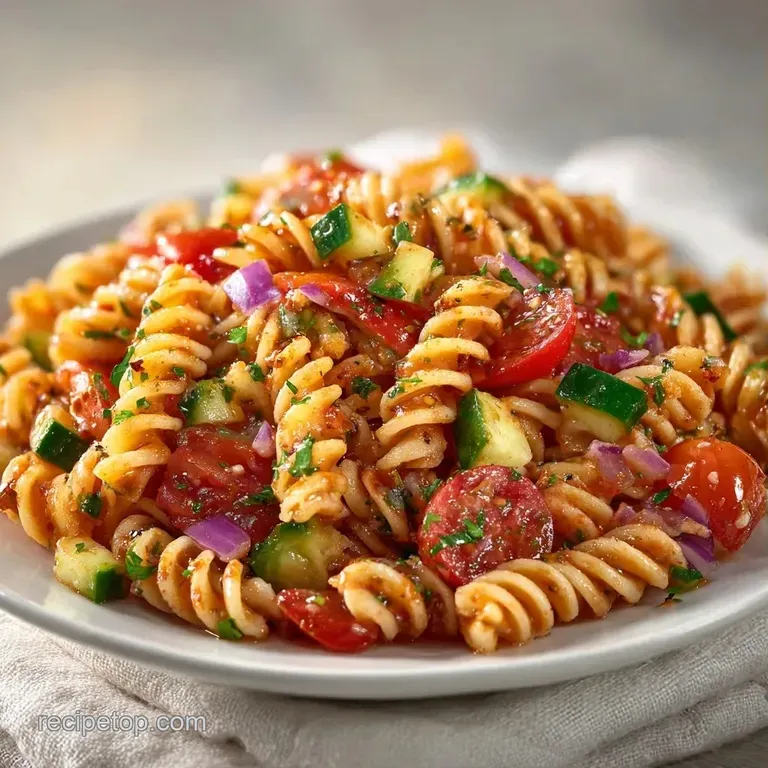 Colorful pasta spirals mixed with crisp garden vegetables served in a white ceramic bowl with a sprig of parsley.
