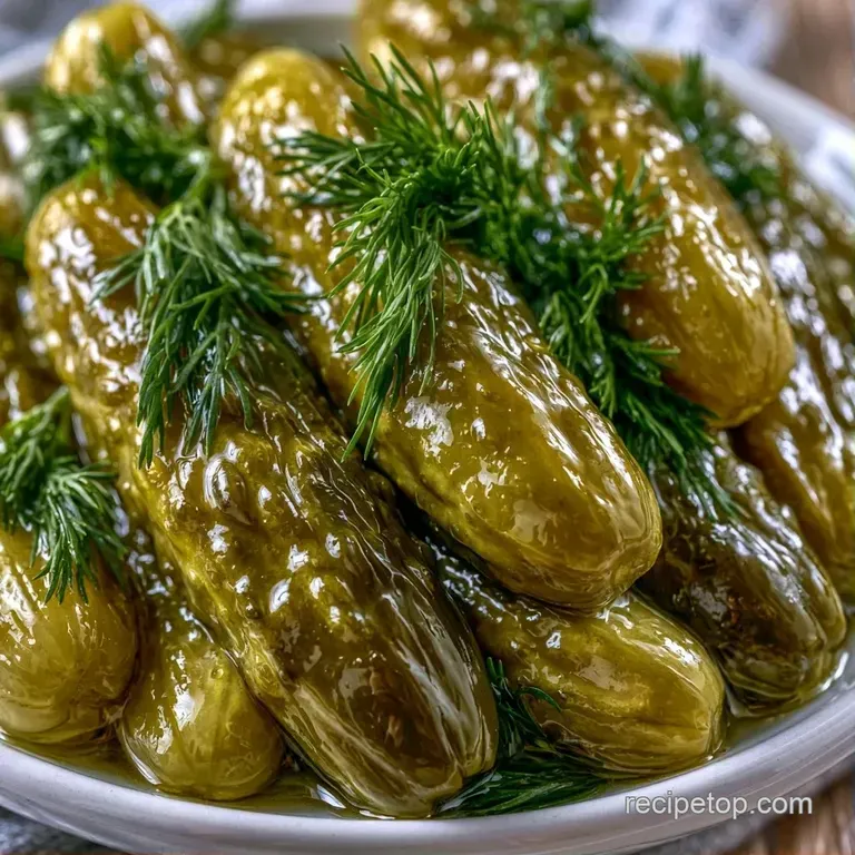 Thinly sliced translucent green pickles piled neatly on a slate board with fresh dill garnishes and peppercorns.