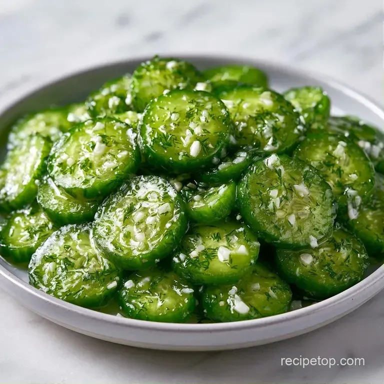 Translucent cucumber spears arranged neatly on a marble platter, glistening with brine and fresh herb garnishes.