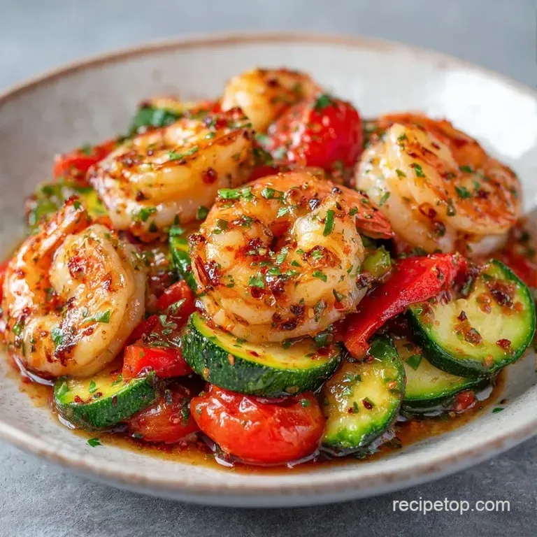 Plated medley of seared shrimp and roasted zucchini slices topped with fresh parsley on a white ceramic plate.