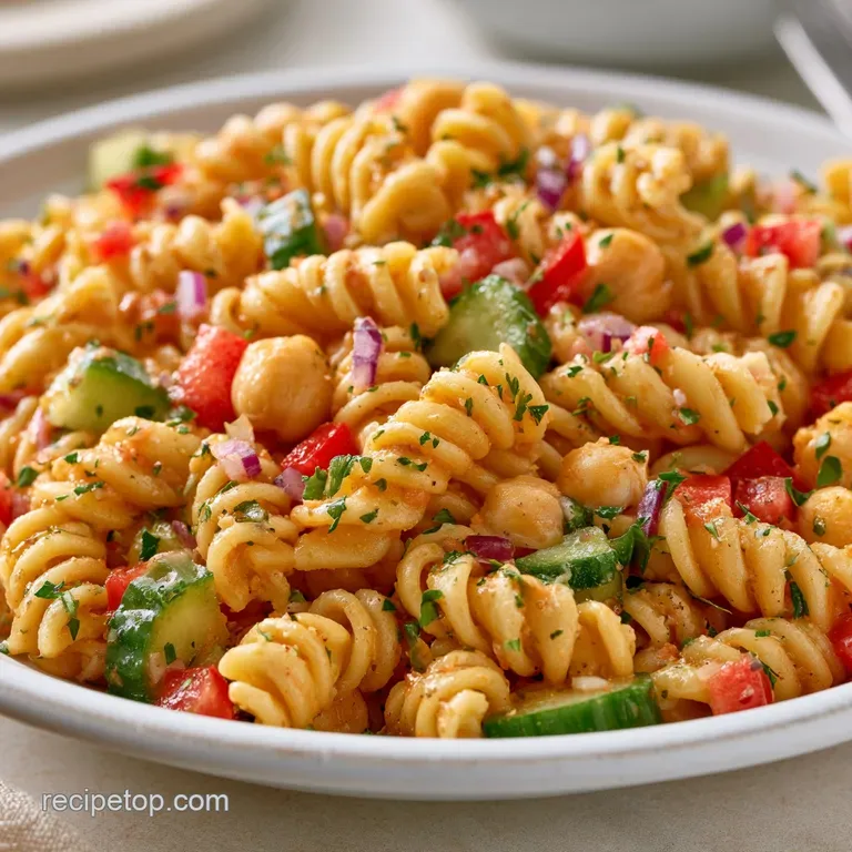 Vibrant pasta salad served in a white ceramic bowl, topped with crumbled feta and a sprinkle of fresh parsley.