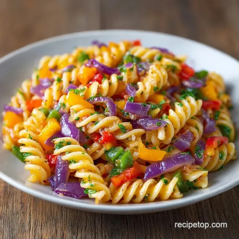 A white ceramic bowl filled with colorful spiral pasta, halved cherry tomatoes, and fresh green parsley.