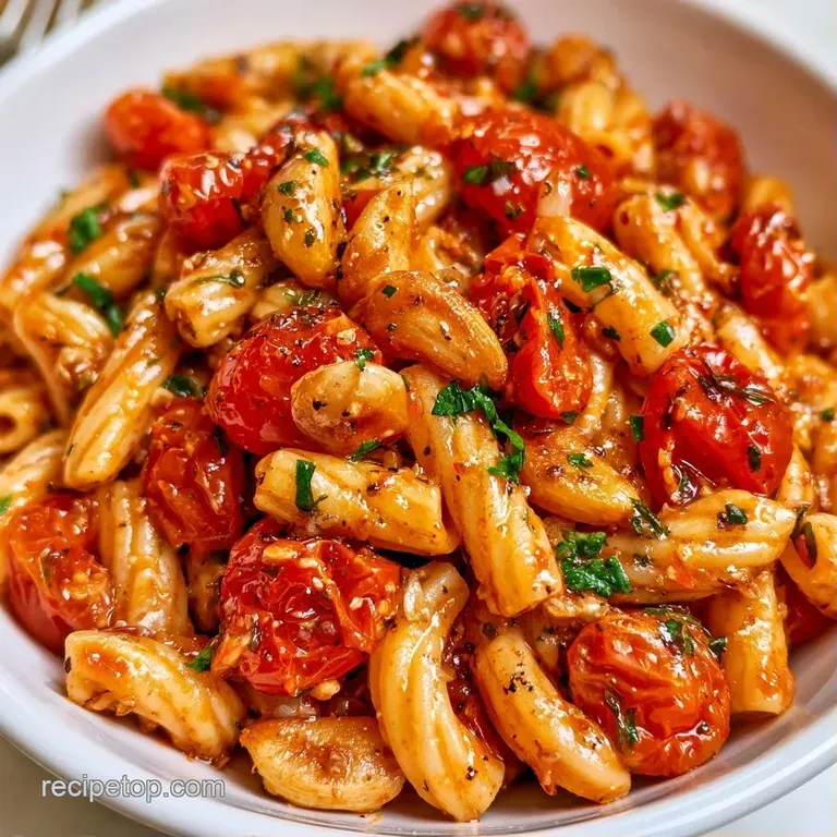 Elegant white bowl of al dente pasta topped with bursting red tomatoes, fresh basil leaves, and grated parmesan.