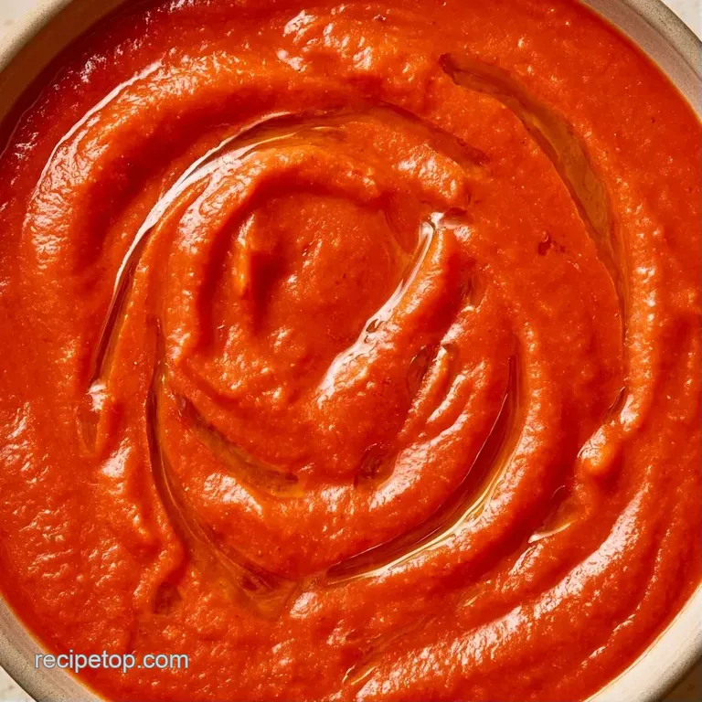Elegant white bowl of rich red soup topped with a cream swirl, set beside a slice of toasted crusty bread.