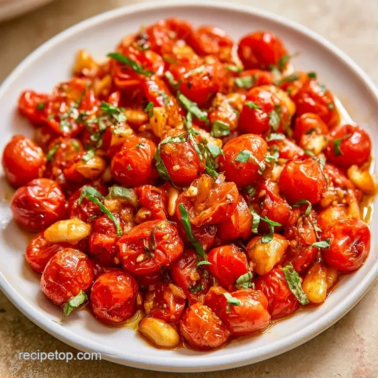 Charred red tomatoes and toasted garlic cloves elegantly plated with a drizzle of oil and fresh green parsley.