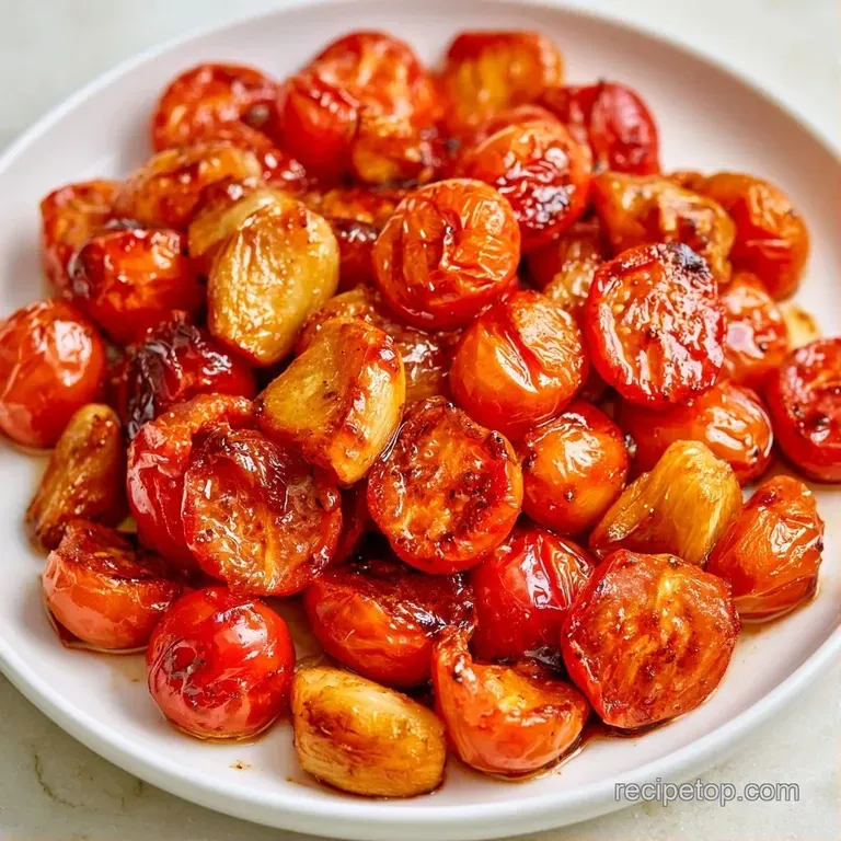 Blistered red tomatoes and golden garlic cloves drizzled with oil on a rustic platter with fresh basil leaves.