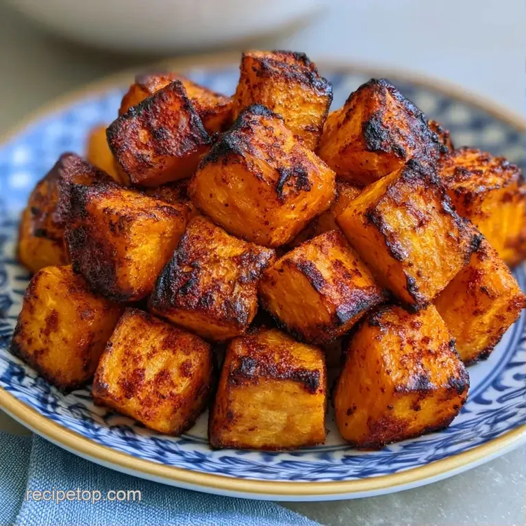 Vibrant orange potato cubes neatly piled on a matte white plate, garnished with microgreens and a drizzle of oil.