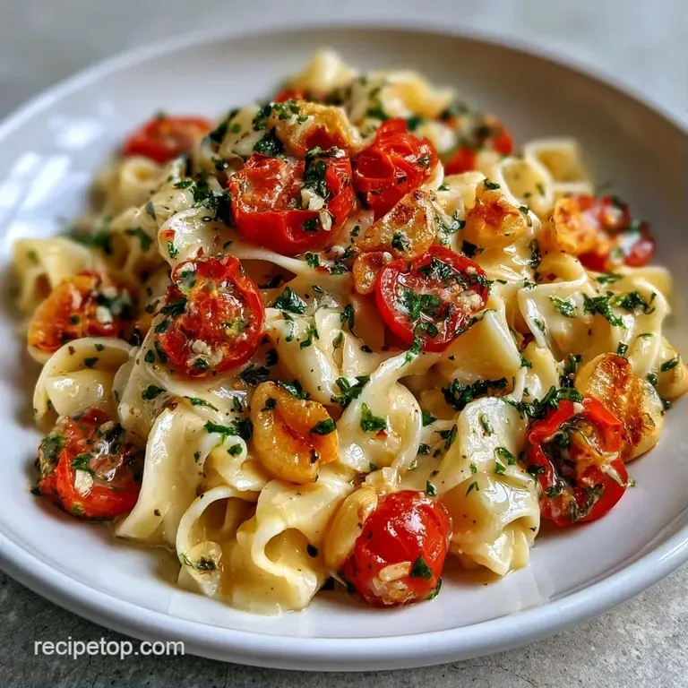 Twirled pasta topped with blistered tomatoes, a drizzle of golden olive oil, and a sprinkle of white parmesan.