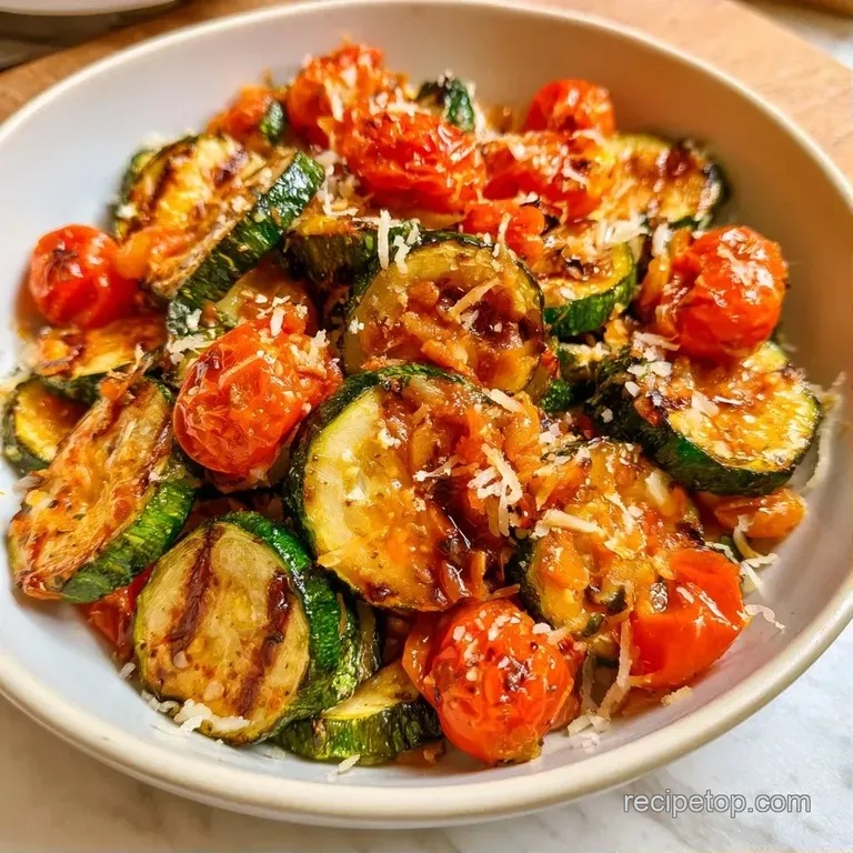 Vibrant green zucchini rounds and charred cherry tomatoes elegantly plated with a sprinkle of fresh herbs.