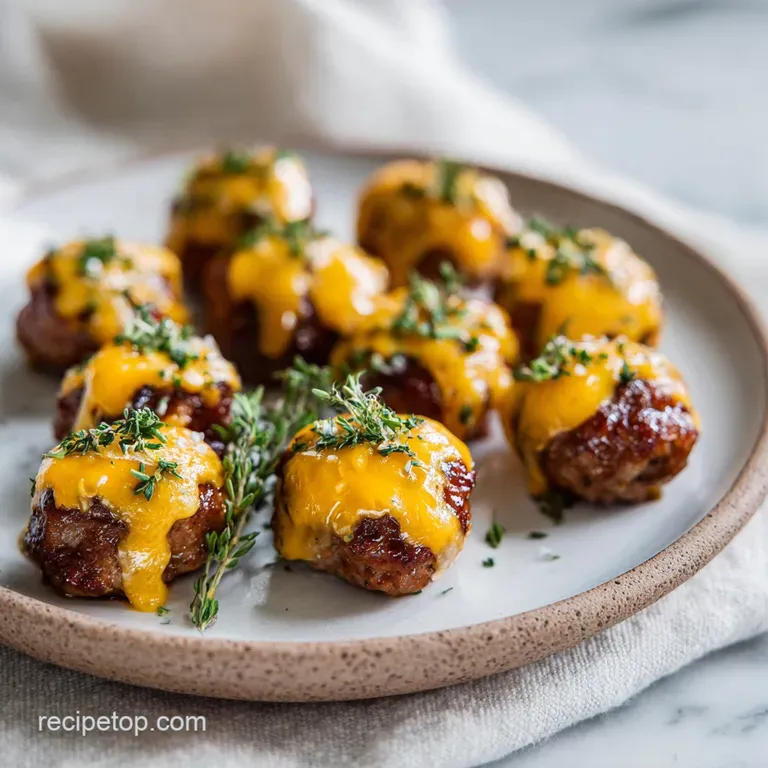 Stacked sausage balls with steam rising, glistening with melted cheese, and sprinkled with herbs on a white plate.