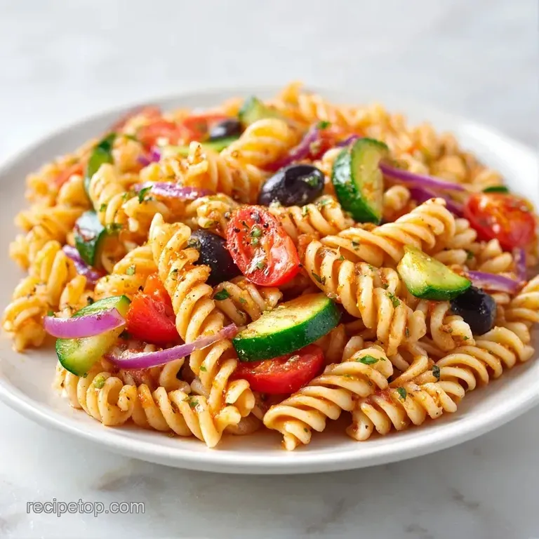A vibrant mix of spiral pasta and diced vegetables served in a white ceramic bowl with a sprig of fresh parsley.