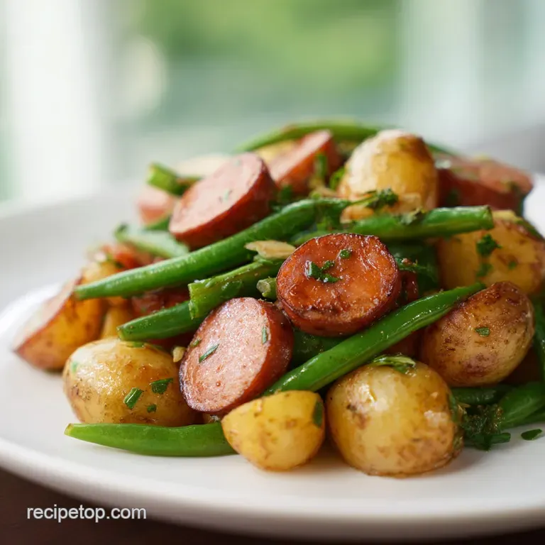 A generous scoop of browned sausage and tender vegetables in a white ceramic dish, topped with a sprinkle of parsley.