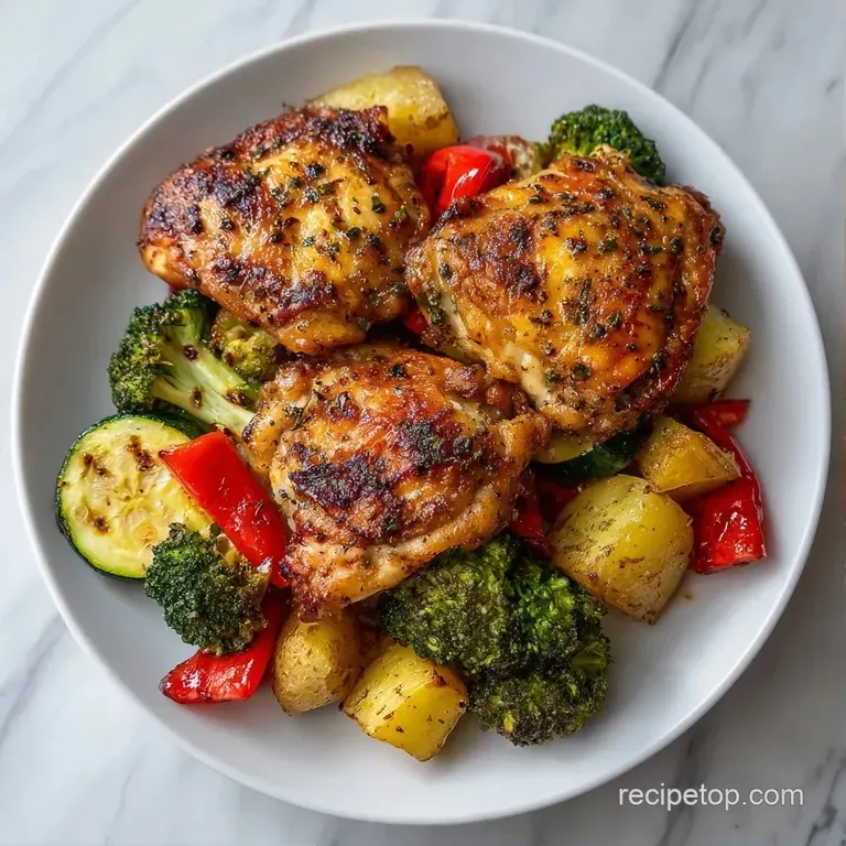 Neatly arranged roasted chicken and crisp baby potatoes garnished with a sprig of fresh thyme on a white plate.