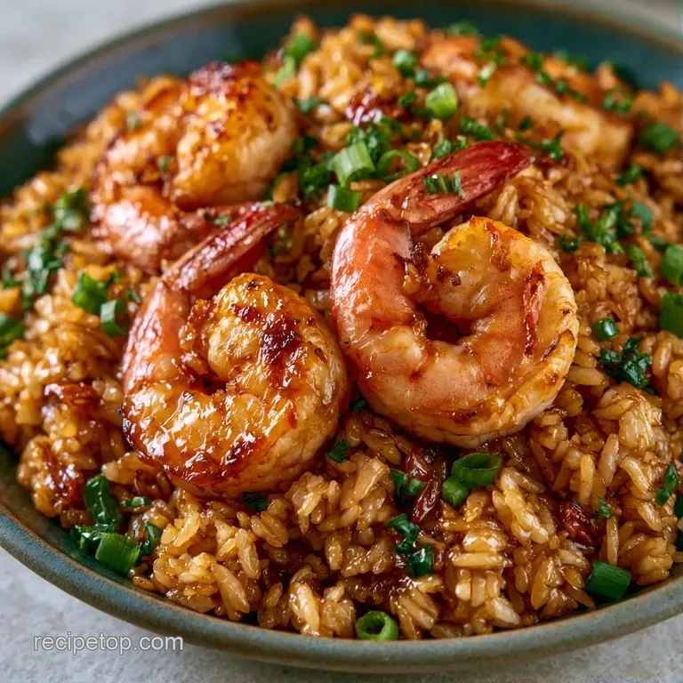 A mound of savory fried rice topped with seared shrimp on a white ceramic plate, accented by bright green broccoli.