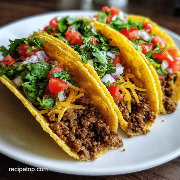 Trio of neatly arranged tacos. Golden-brown shells bursting with seasoned beef and colorful fresh toppings, inviting and f...
