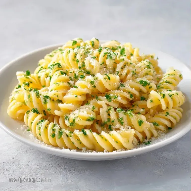 Al dente pasta swirled in a white porcelain bowl, topped with a pinch of herbs and a drizzle of golden olive oil.