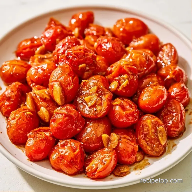 Deep red burst tomatoes and golden roasted garlic cloves drizzled with oil on a rustic white ceramic plate.
