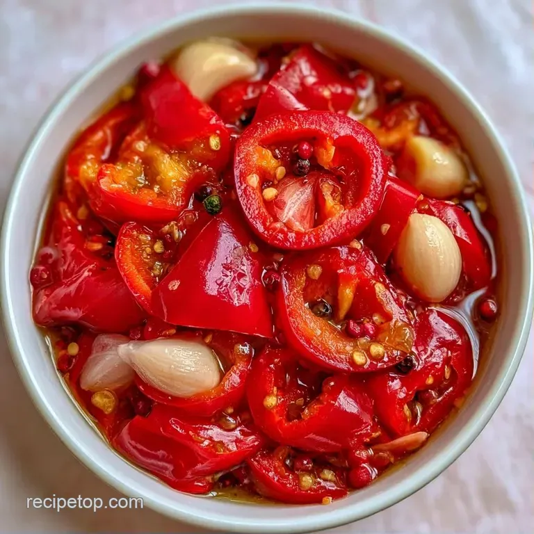 Glossy red pepper slices artfully arranged on a white ceramic platter with a drizzle of oil and fresh herbs.