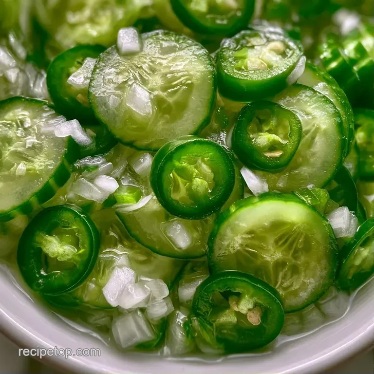 Chilled cucumber and jalape&ntilde;o slices artfully stacked on a white platter, glistening with a clear vinegary glaze.