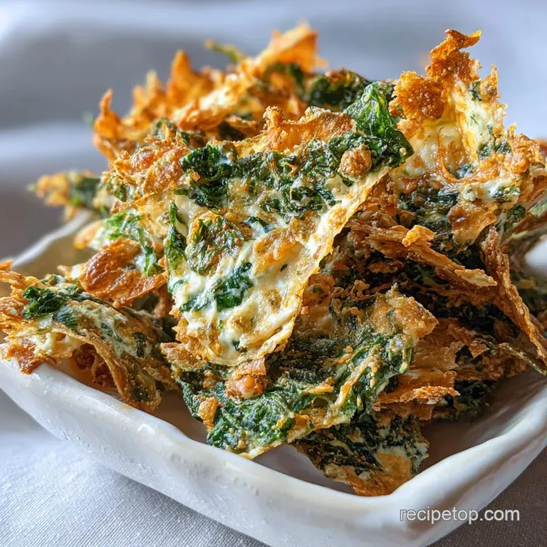 Artfully arranged spinach dip cheese crisps, showcasing their golden edges and inviting texture on a clean, bright plate.