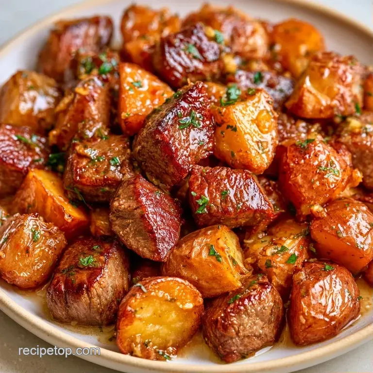 Charred beef and tender golden potatoes plated on a matte black dish with a side of melted butter and rosemary.