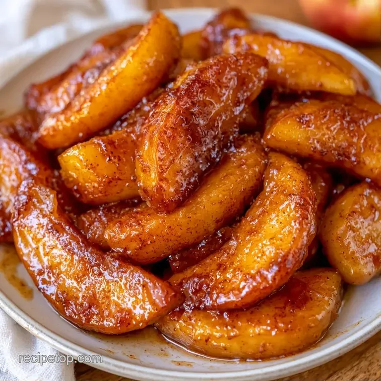 Neatly arranged golden apple slices glistening with glaze on a white plate, paired with a dollop of white cream.