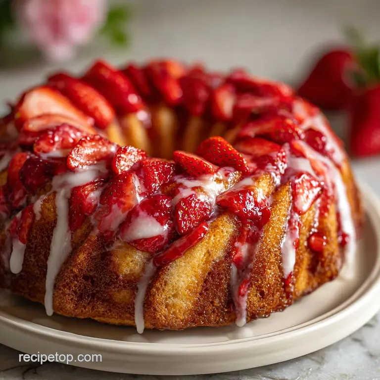 Slice of soft strawberry honeybun cake on a white plate. Glaze drips attractively with strawberry filling visible. Sweet d...