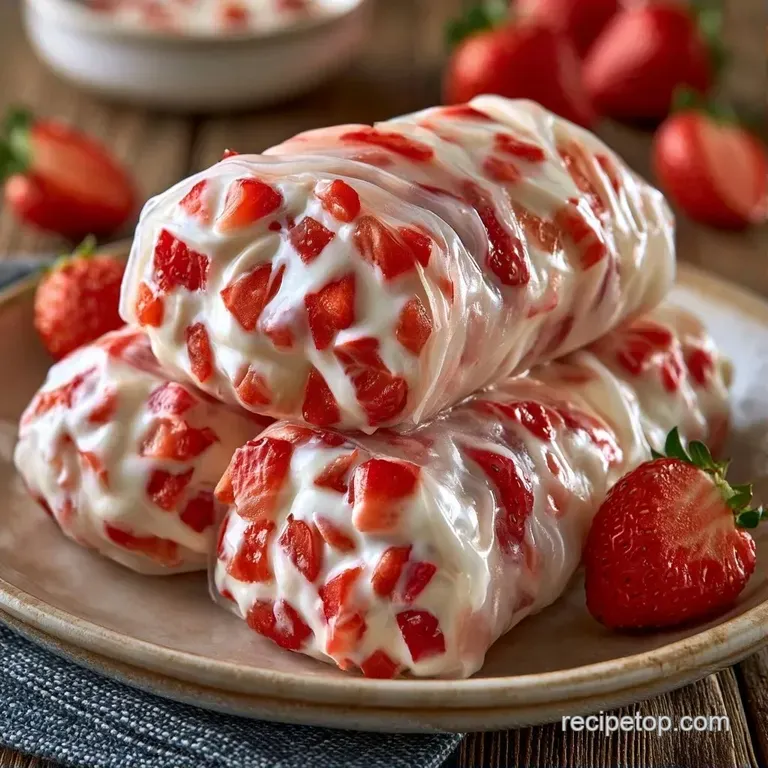 Elegant arrangement of translucent berry wraps on a dark ceramic plate with a light dusting of powdered sugar.