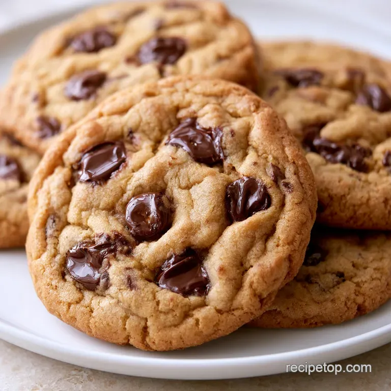 Stacked golden cookies on a white plate, showing soft edges and glistening melted chocolate pools on top.