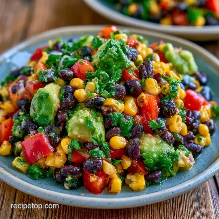 Colorful mix of black beans, yellow corn, and red peppers served in a glass bowl topped with a fresh lime wedge.