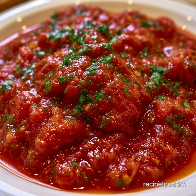 Glossy red sauce swirled on a ceramic plate, topped with a fresh basil leaf and a drizzle of golden olive oil.