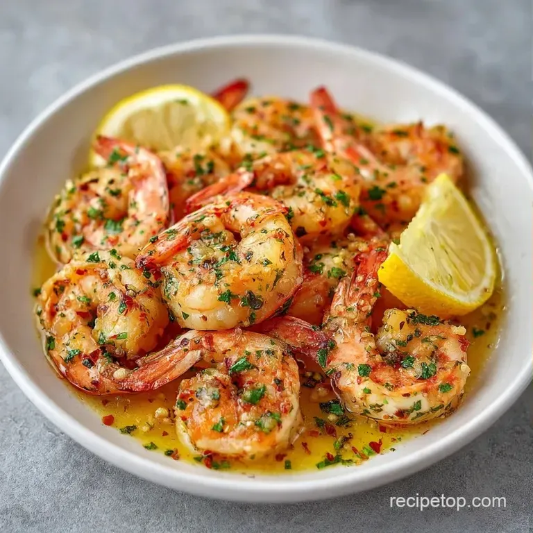 Plump, pink shrimp nestled in a glistening garlic sauce, garnished with curly parsley and thin lemon wheels.