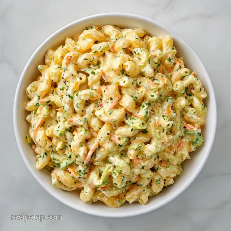 A chilled scoop of creamy pasta salad garnished with fresh parsley on a modern slate plate beside a silver fork.