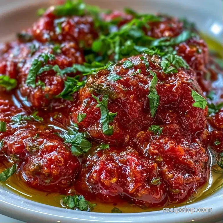 A white ceramic bowl of rich red tomato sauce, garnished with a fresh basil sprig and a drizzle of golden oil.