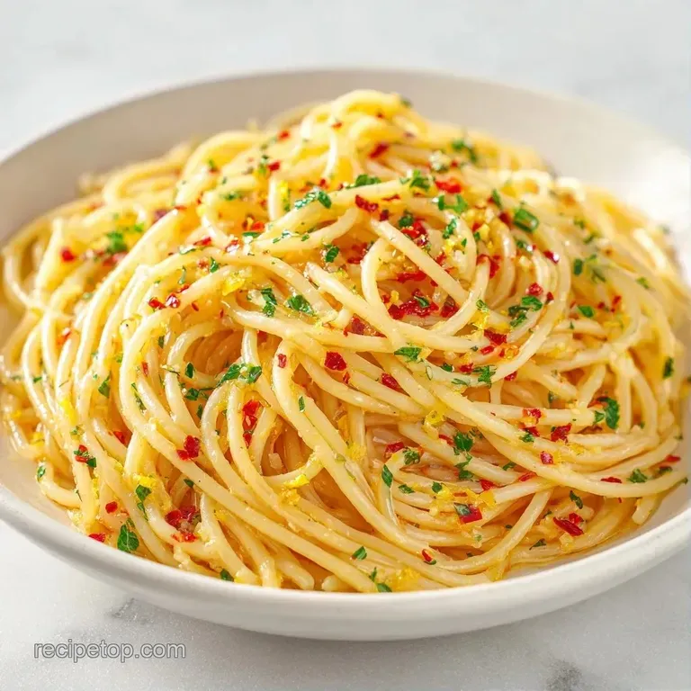 A white ceramic bowl filled with glossy pasta, topped with bright lemon zest and a sprinkle of fresh green parsley.
