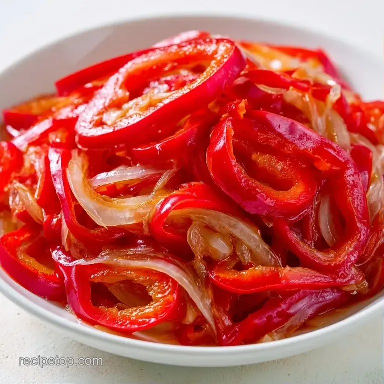 Glossy red pepper strips piled high in a small white bowl, glistening under warm light with a drizzle of syrup.