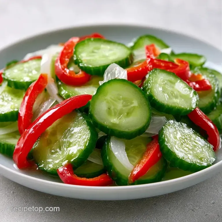 Vibrant green cucumber slices stacked neatly on a slate board, glistening with a sweet, translucent brine.