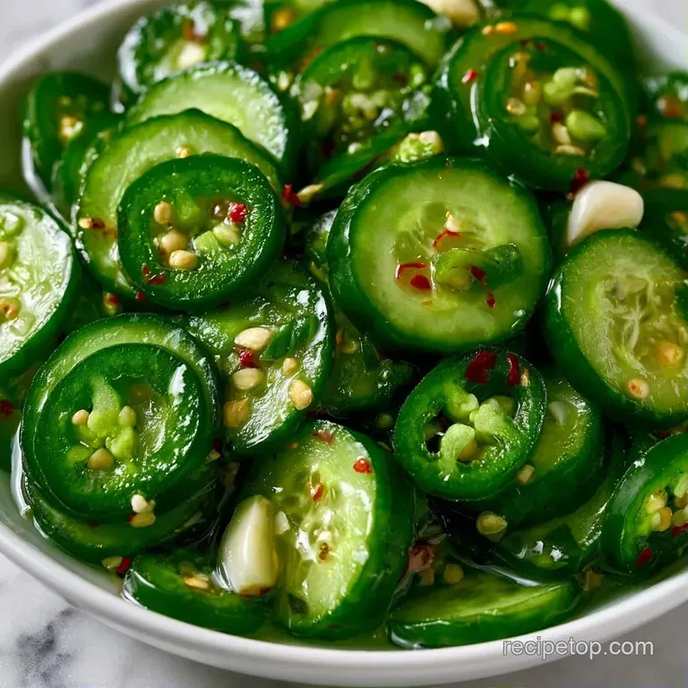 Sliced green pickles and garlic cloves arranged on a white ceramic plate with a sprinkle of red chili flakes.