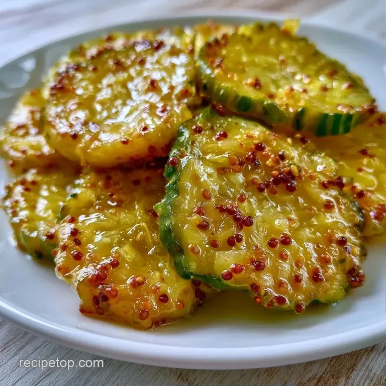 Crisp cucumber slices arranged on a white ceramic platter, glistening with a golden glaze and fresh herb garnishes.
