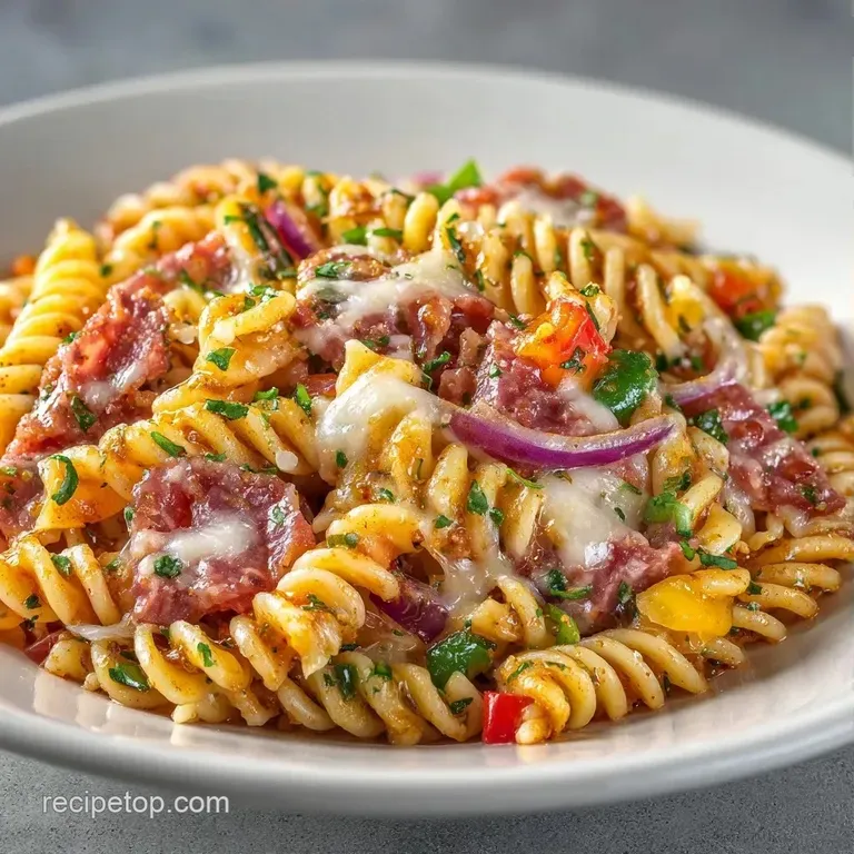 Vibrant pasta mixed with bright vegetables and white cheese cubes served in a large white ceramic serving bowl.