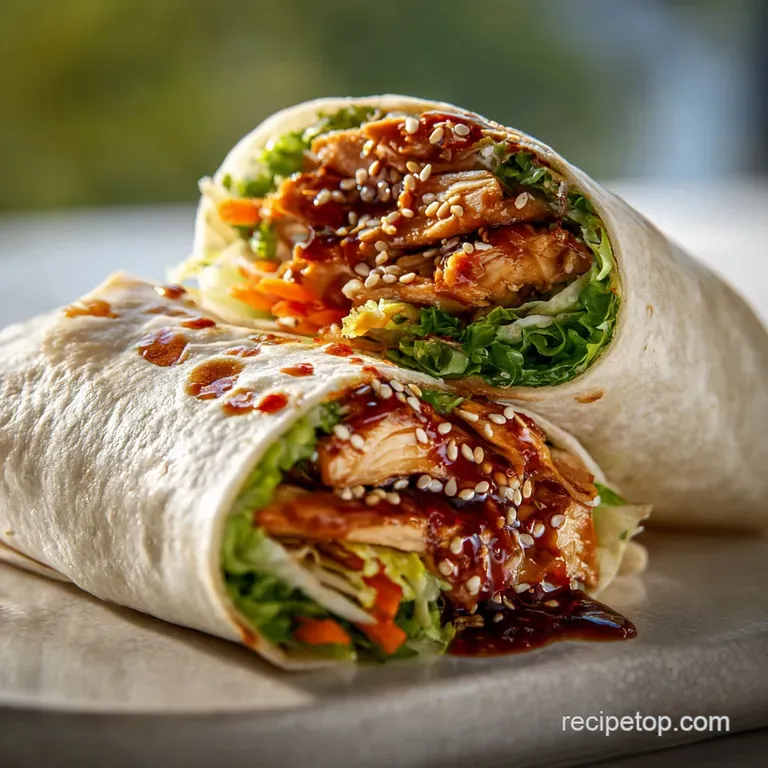 Glossy teriyaki chicken wrap halves artfully arranged on a plate. Bright green lettuce & red pepper add pops of color.