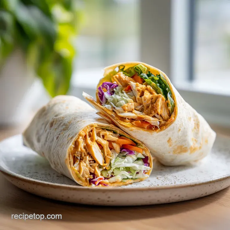 Sliced peanut chicken wrap revealing colorful filling, artfully arranged with crisp lettuce and a sprinkle of sesame seeds.