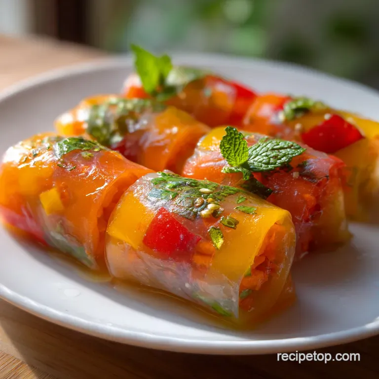 Three fried rolls resting on a dark slate board with fresh mint leaves and vibrant orange dip in a small bowl.