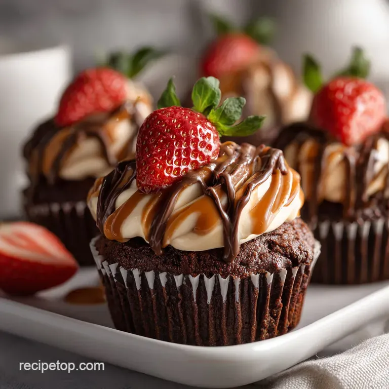 A trio of frosted chocolate cupcakes artfully arranged with delicate caramel drizzle.